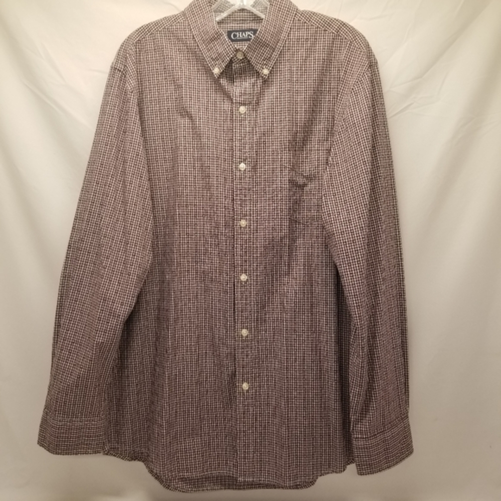 Chaps Mens Size L Button Up Shirt Long Sleeve Maroon White Button Down Collar